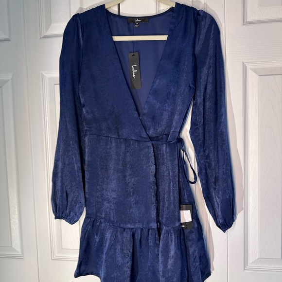 Lulu's Deep Blue Long Sleeve Wrap Dress - Picture 1 of 5